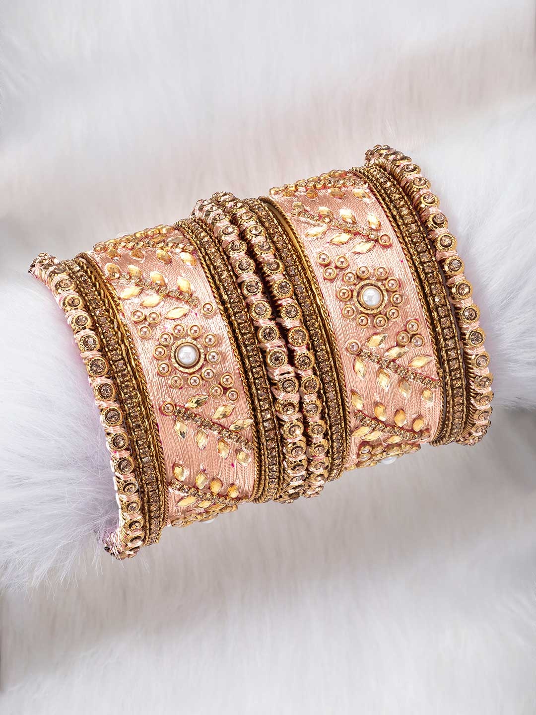 

Peora Set of 10 Peach-Coloured Gold-Plated Silk Thread Handcrafted Kundan Bangles