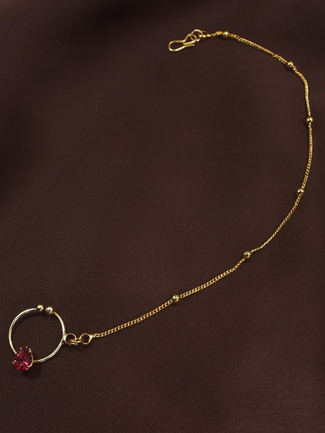 Peora Magenta Gold-Plated Nose Ring without Piercing Pearl Beaded Chain