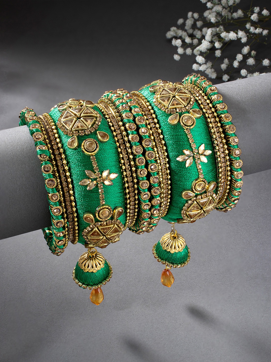 

Peora Women Set of 10 Green & Gold-Toned Silk Thread & Stone Studded Chuda Bangles