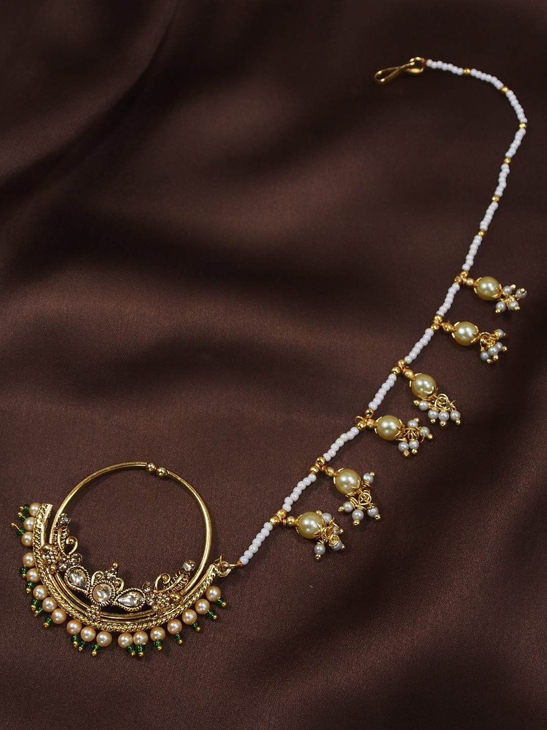 

Peora White Gold-Plated Kundan Studded Nose Ring with Pearl Beaded Chain