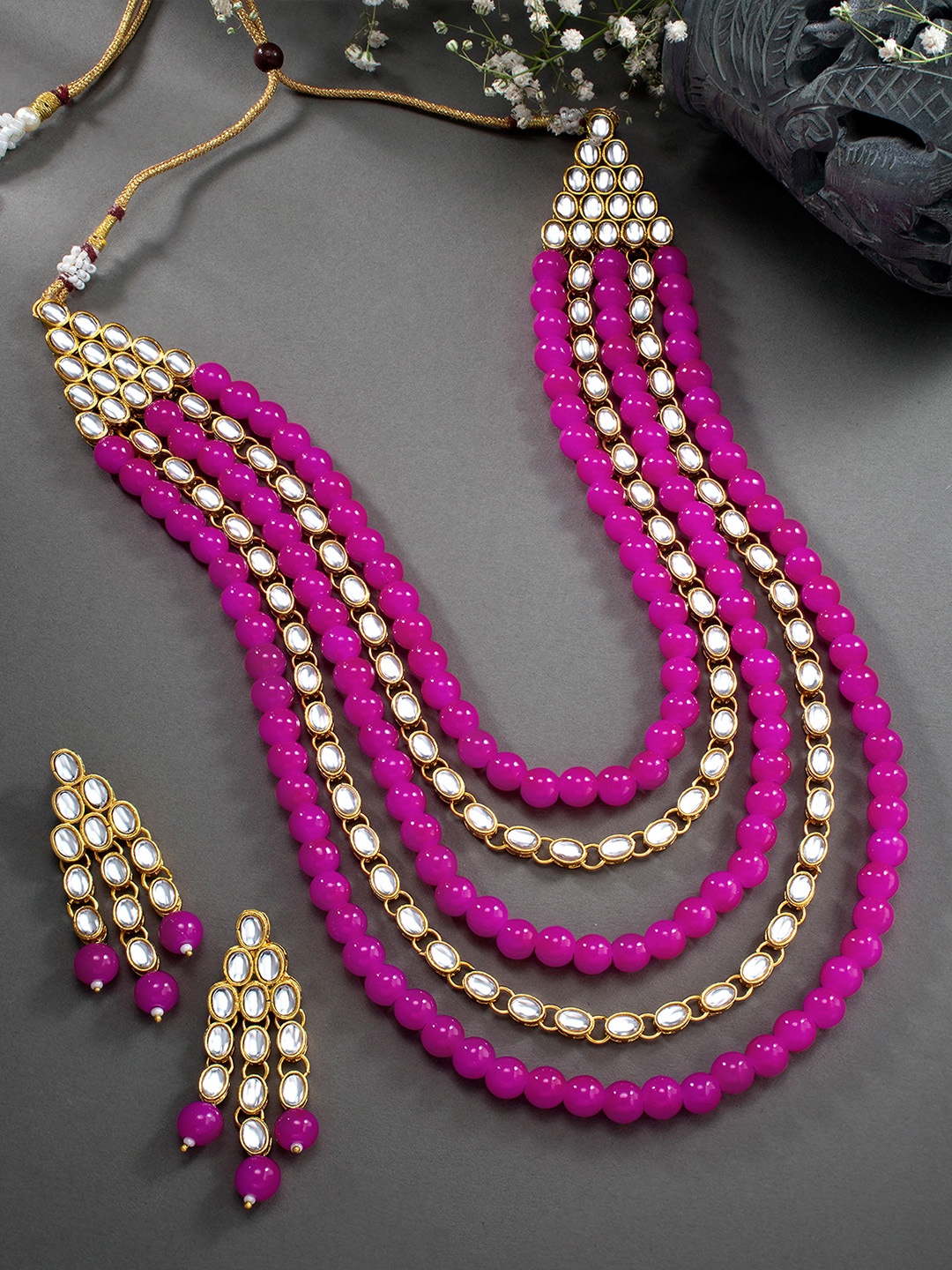 

Peora Magenta & Gold-Plated Beaded Multi-Strand Long Traditional Jewellery Set