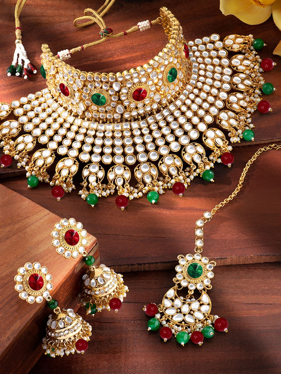

Peora Red & Green Gold-Plated Kundan Embellished Handcrafted Jewellery Set