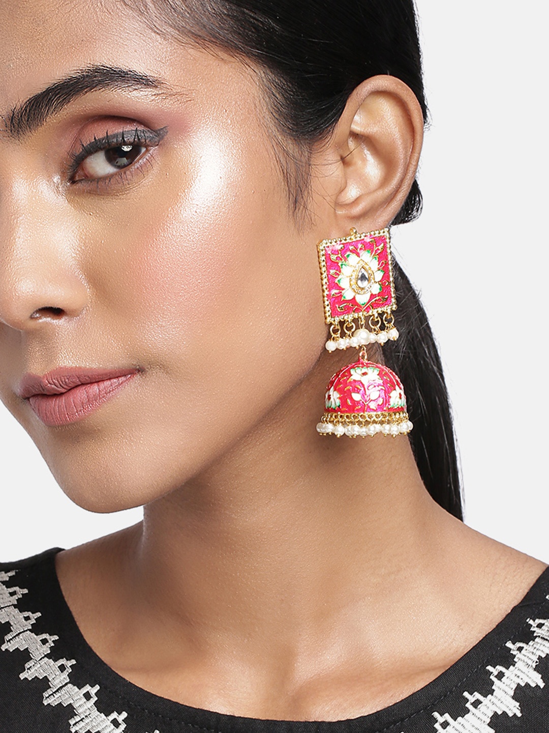 

Peora Women Magenta & Gold-Toned Dome Shaped Jhumkas Earrings