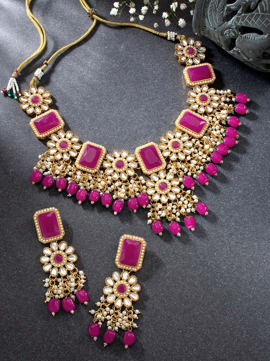 

Peora Gold-Plated Magenta Kundan Studded Traditional Wedding Jewellery Set