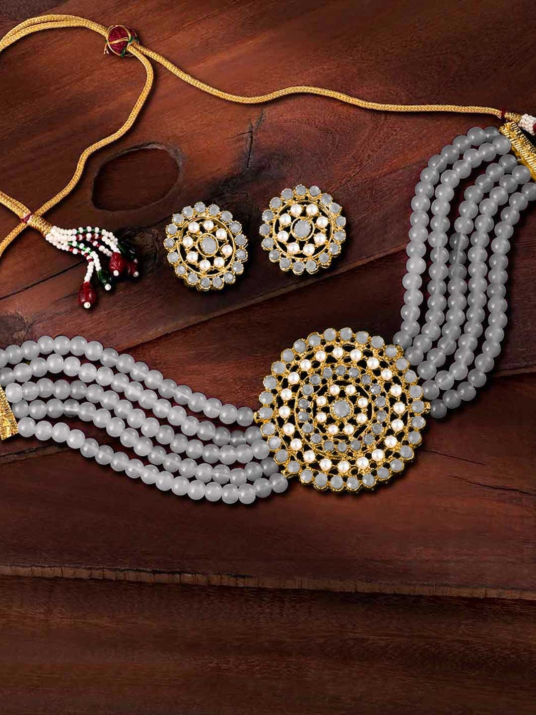 

Peora Grey Gold-Plated Pearl Embellished Handcrafted Jewellery Set