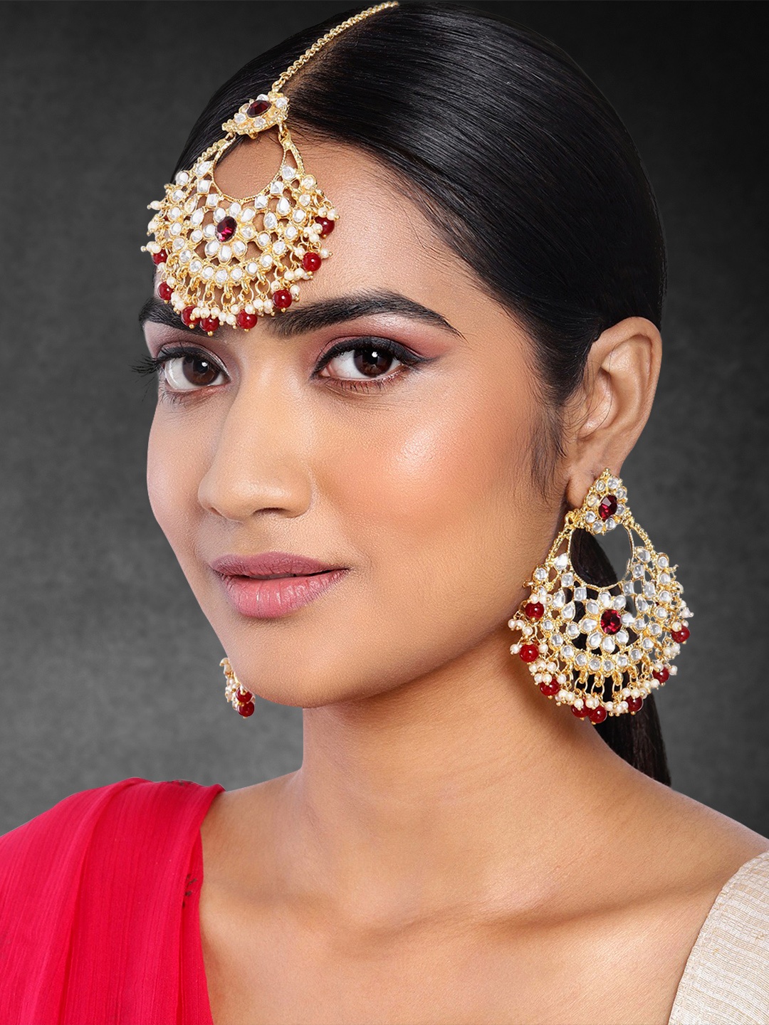 

Peora Gold-Plated Maroon Pearl & Kundan Studded Traditional Earrings & Maang Tika