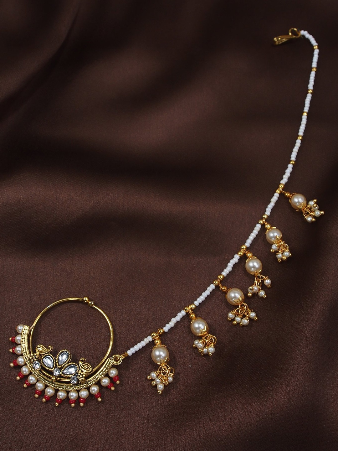 

Peora Red Gold-Plated Traditional Nose Ring without Piercing Pearl Chain