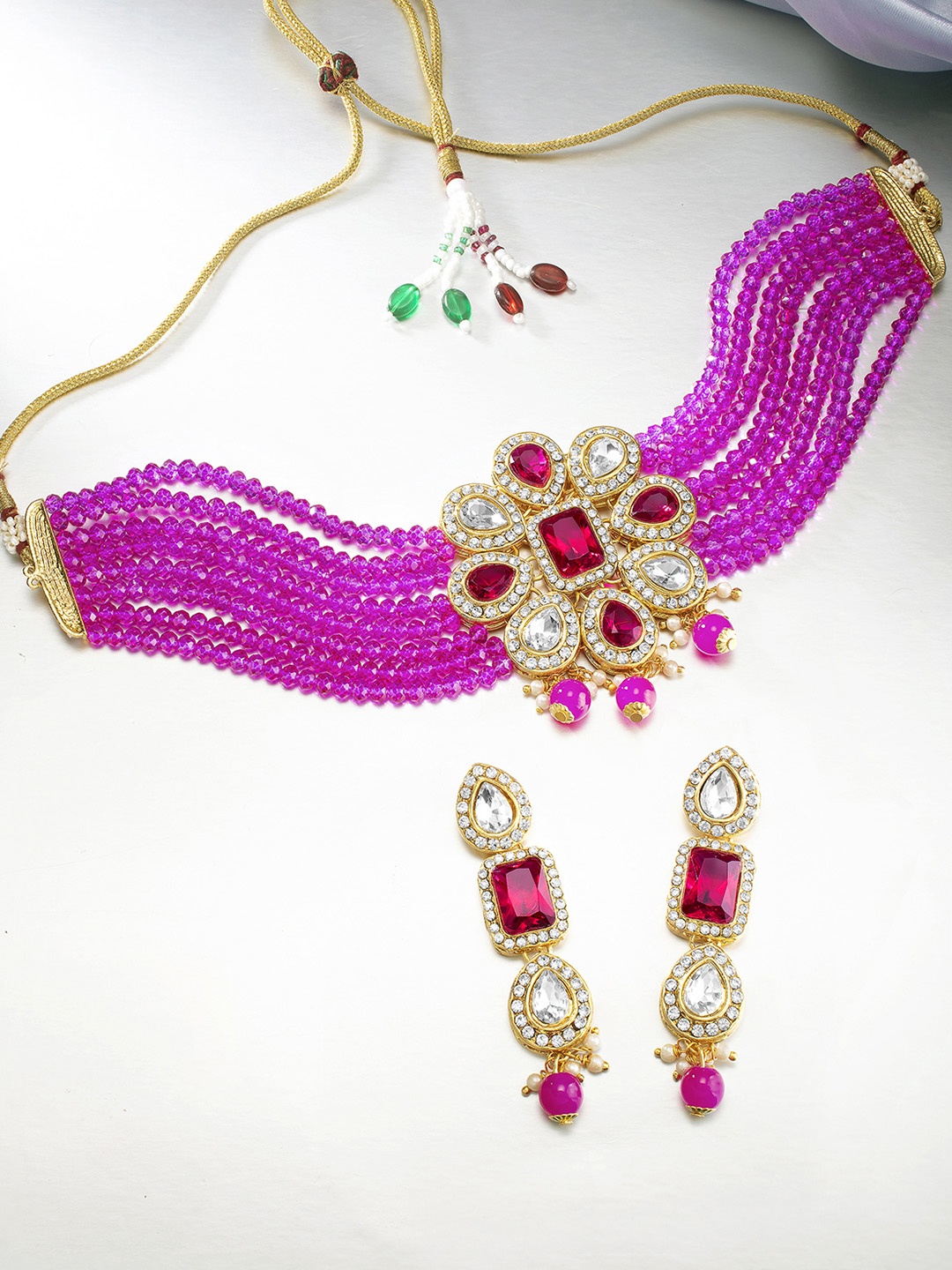 

Peora Pink 18K Gold Plated Floral Shaped Kundan Embellished Bridal Necklace Jewellery Set