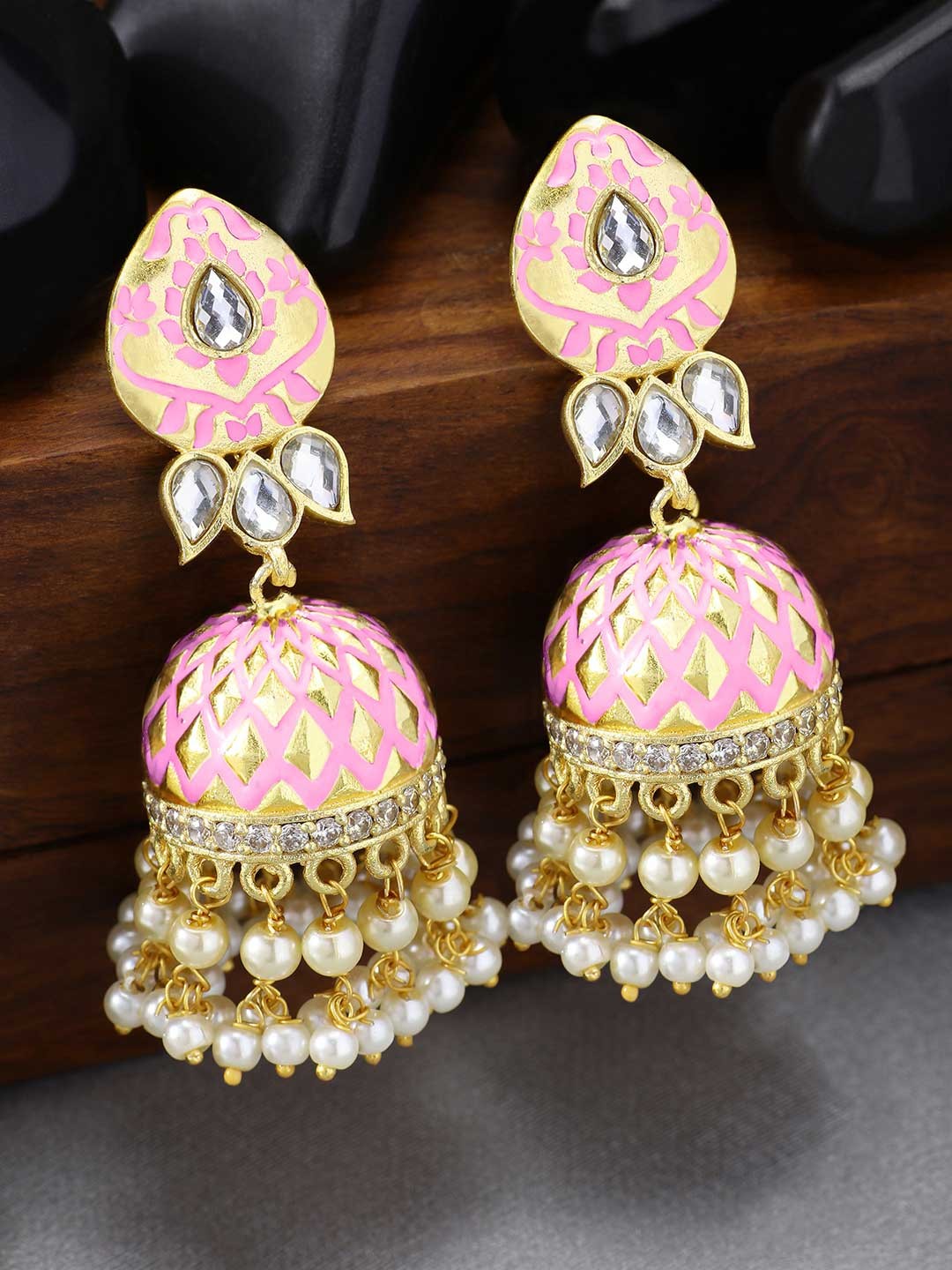 

Peora Women Pink & Gold-Toned Dome Shaped Jhumkas Earrings
