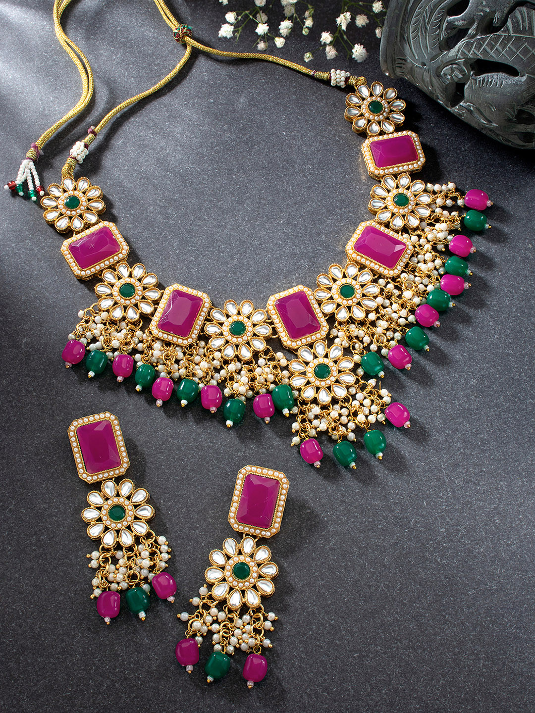 

Peora Pink & Green Gold-Plated Kundan Studded Choker Necklace & Earrings