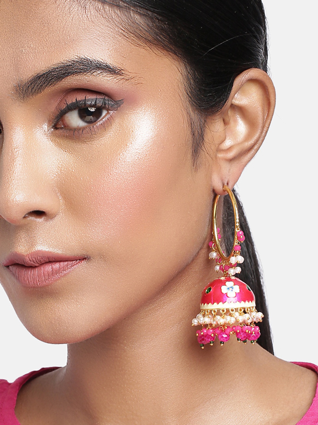 

Peora Women Magenta & Gold-Toned Dome Shaped Jhumkas Earrings