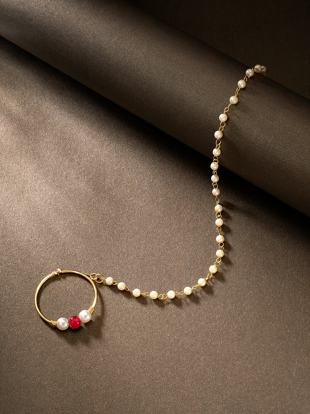 

Peora Red Gold-Plated Traditional Pearl Chain Nose Ring without Piercing