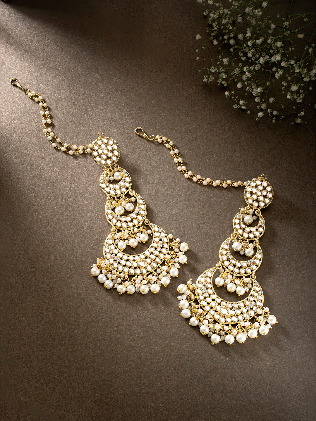 

Peora Women White & Gold-Toned Crescent Shaped Long Chandbalis Earrings