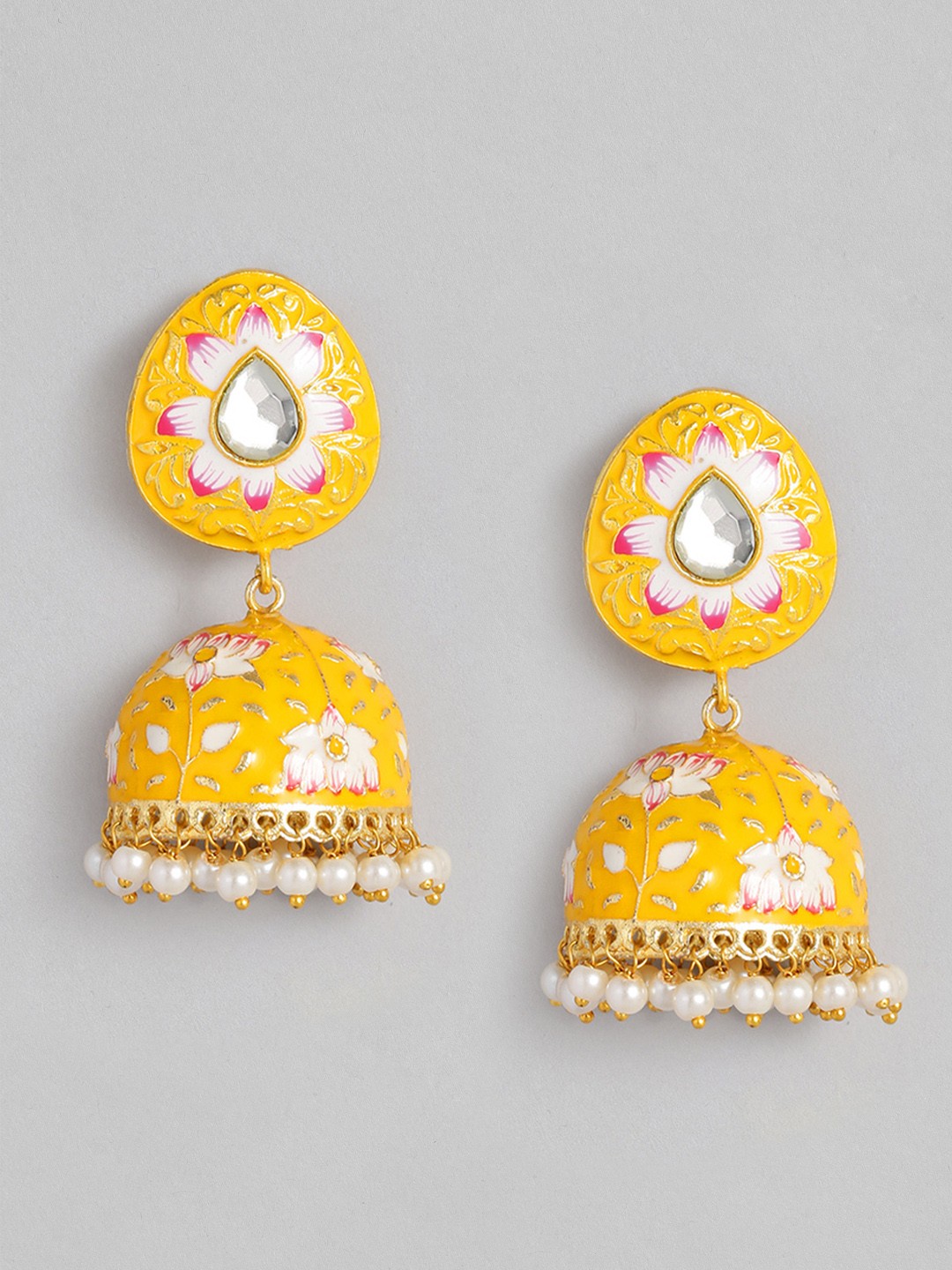 

Peora Women Yellow & White Dome Shaped Jhumkas Earrings