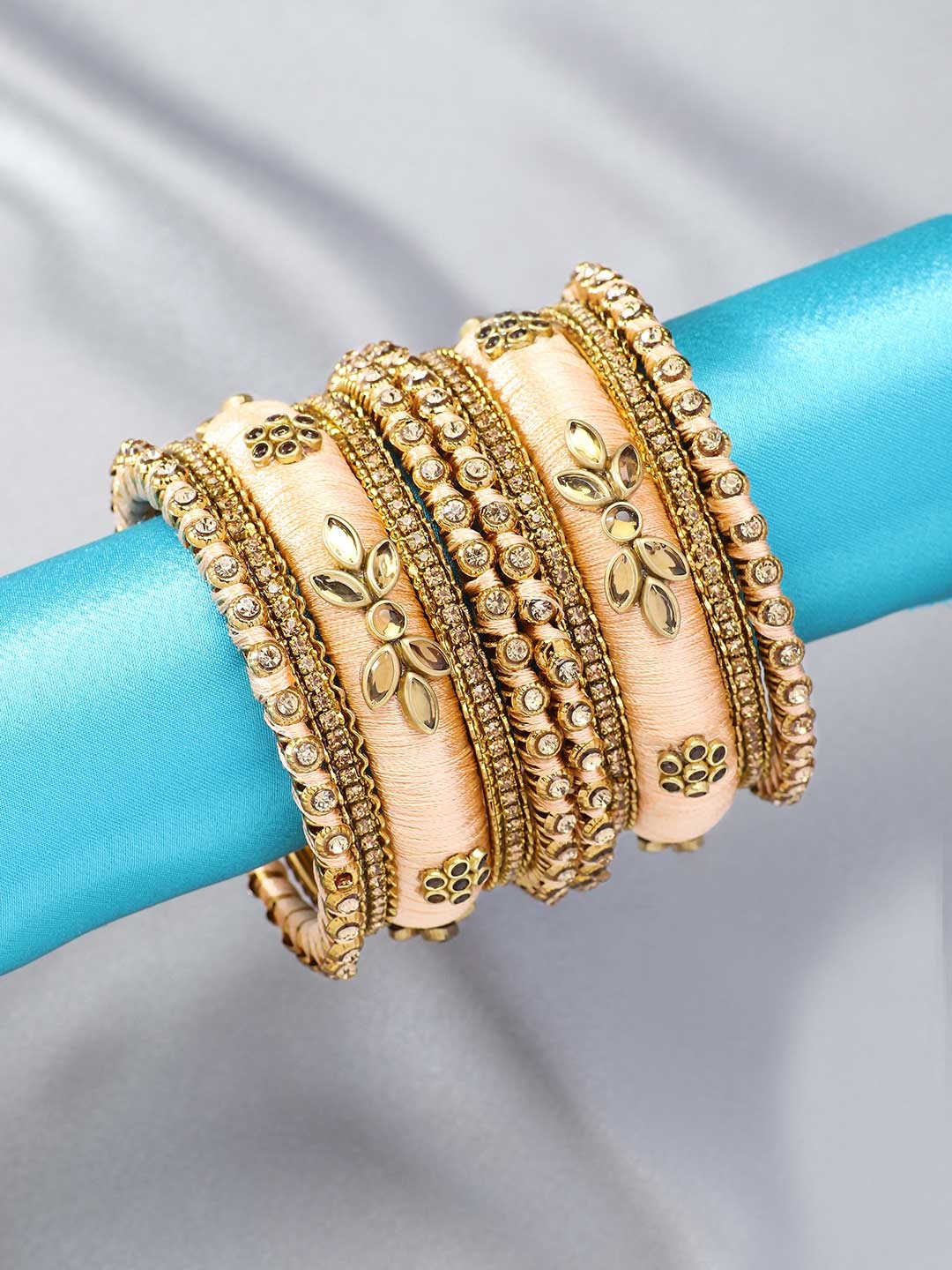 

Peora Set of 10 each-Coloured Gold-Plated Silk Thread Handcrafted Kundan Bangles, Peach
