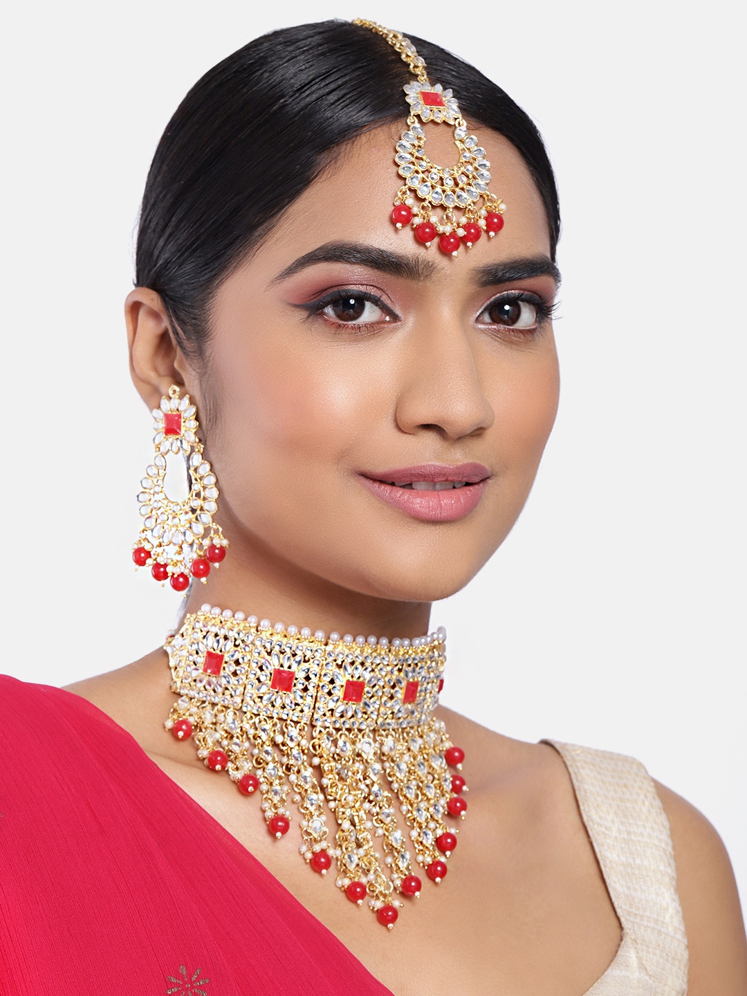

Peora Red Gold-Plated Kundan Embellished Handcrafted Jewellery Set