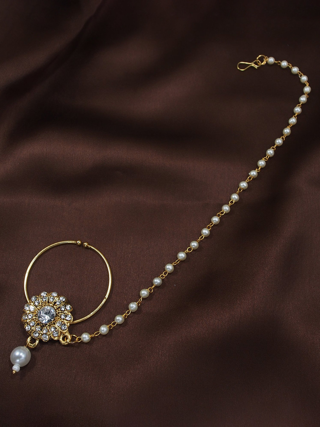 

Peora White Gold-Plated Kundan Studded Nose Ring without Piercing Pearl Beaded Chain