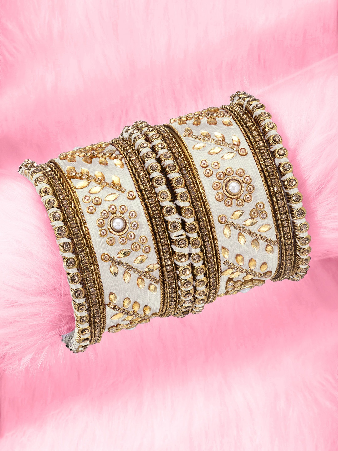 

Peora Set of 10 Gold-Plated & White Silk Thread Handcrafted Kundan-Studded Bangles