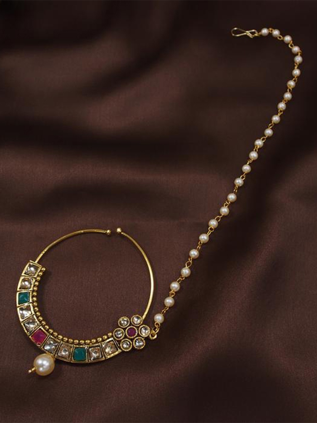 

Peora Gold-Plated Kundan Studded Nose Ring with Pearl Beaded Chain