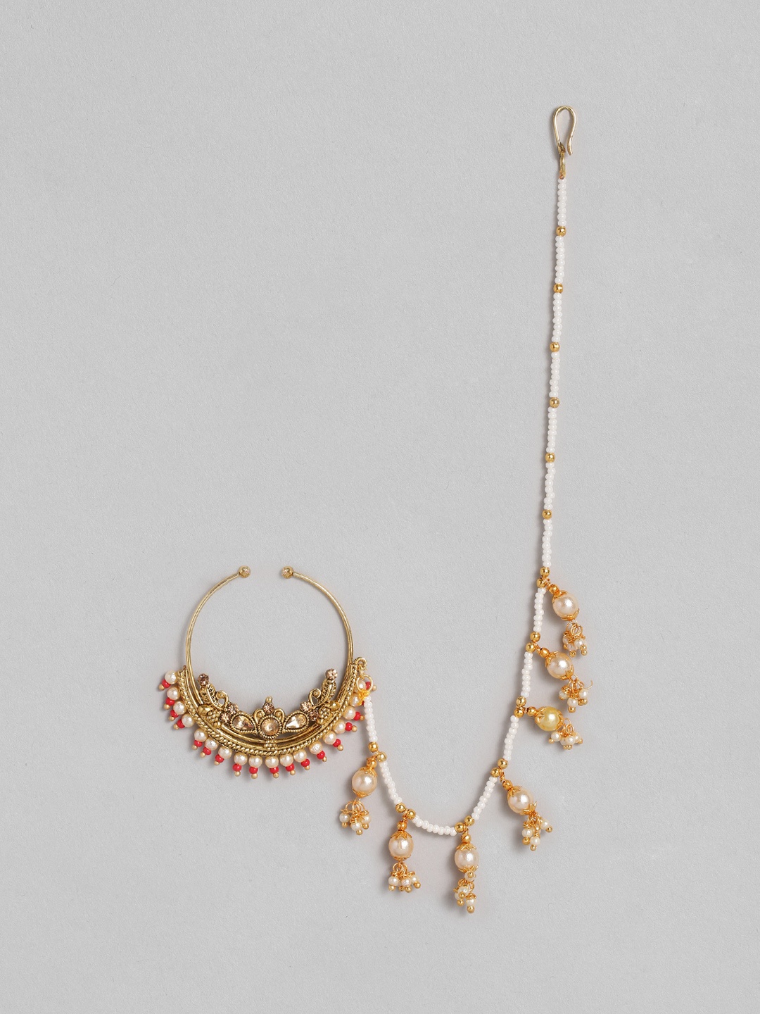 

Peora Red & Gold-Toned Traditional Nose Ring without Piercing with Pearl Chain Encased