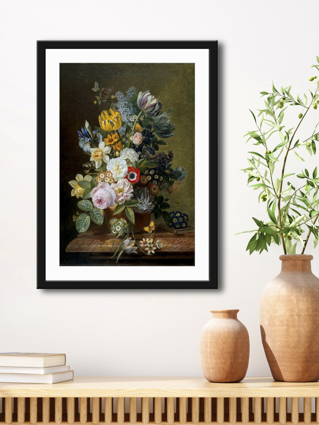 

999Store Green & White Flowers Guldasta Printed Framed Wall Art
