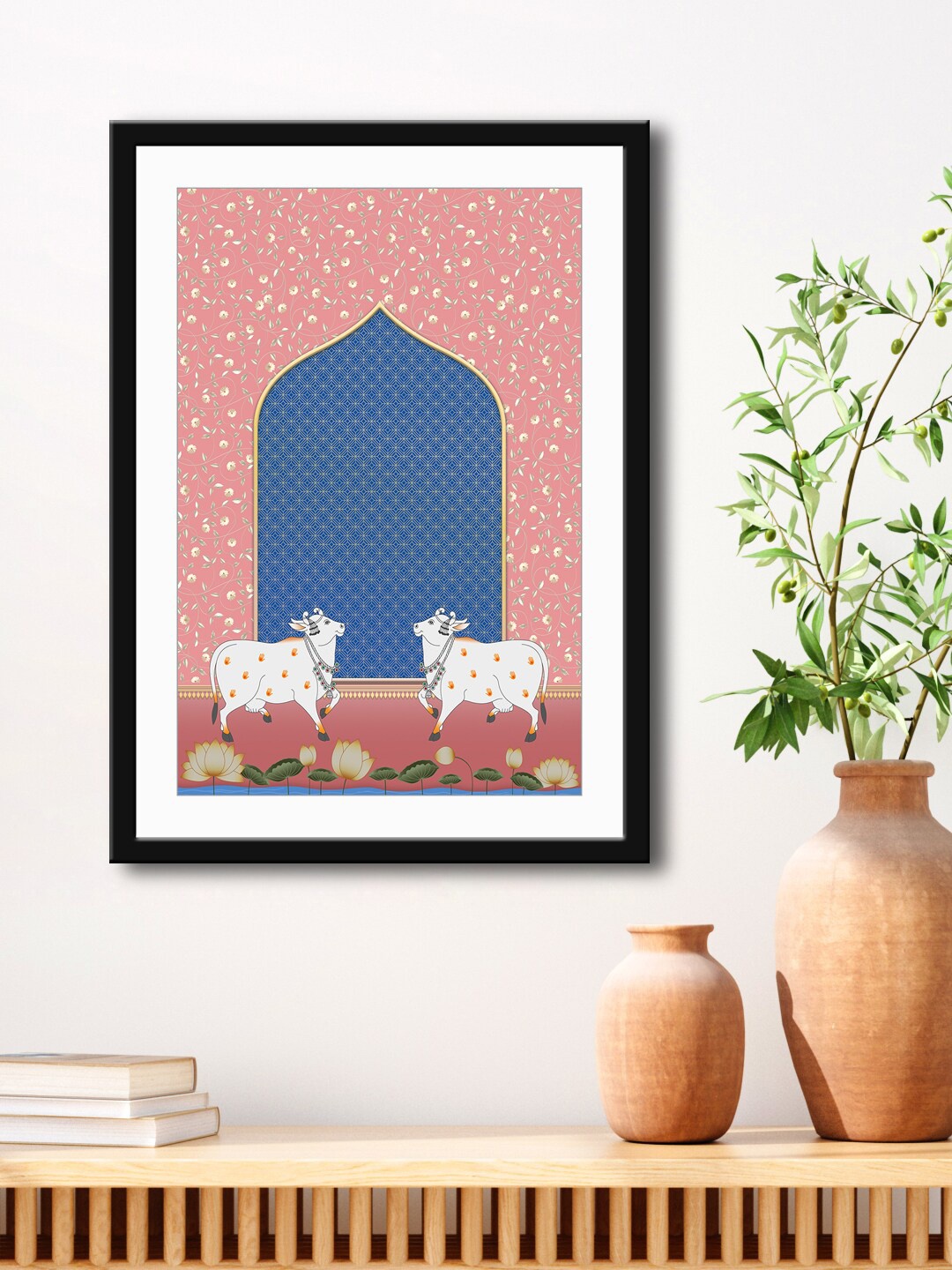 

999Store Peach & Blue Cow & Tree Framed Printed Paper Painting