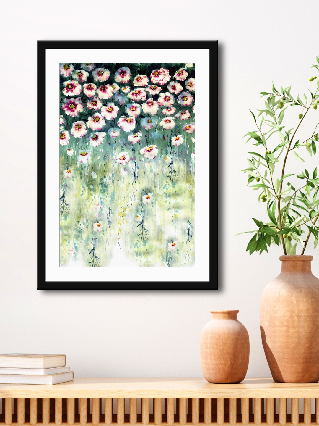 

999Store Green & Pink Abstract Flowers Painting Printed Framed Wall Art