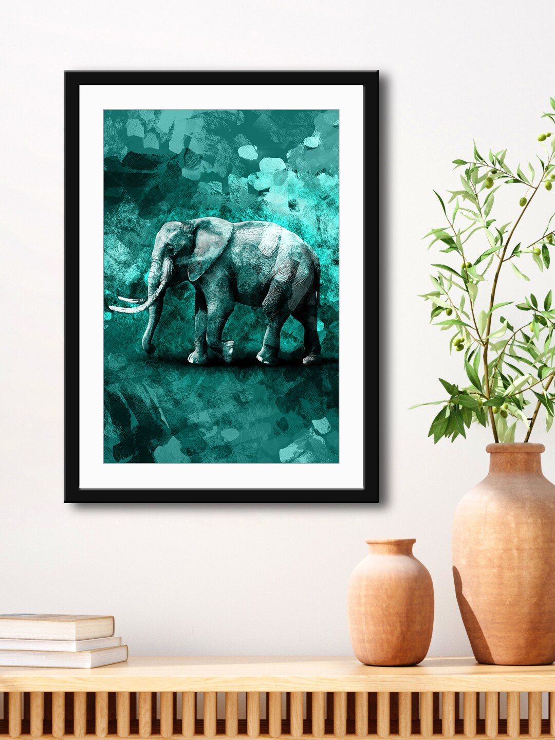 

999Store Green & Black Abstract Elephant Painting Printed Framed Wall Art