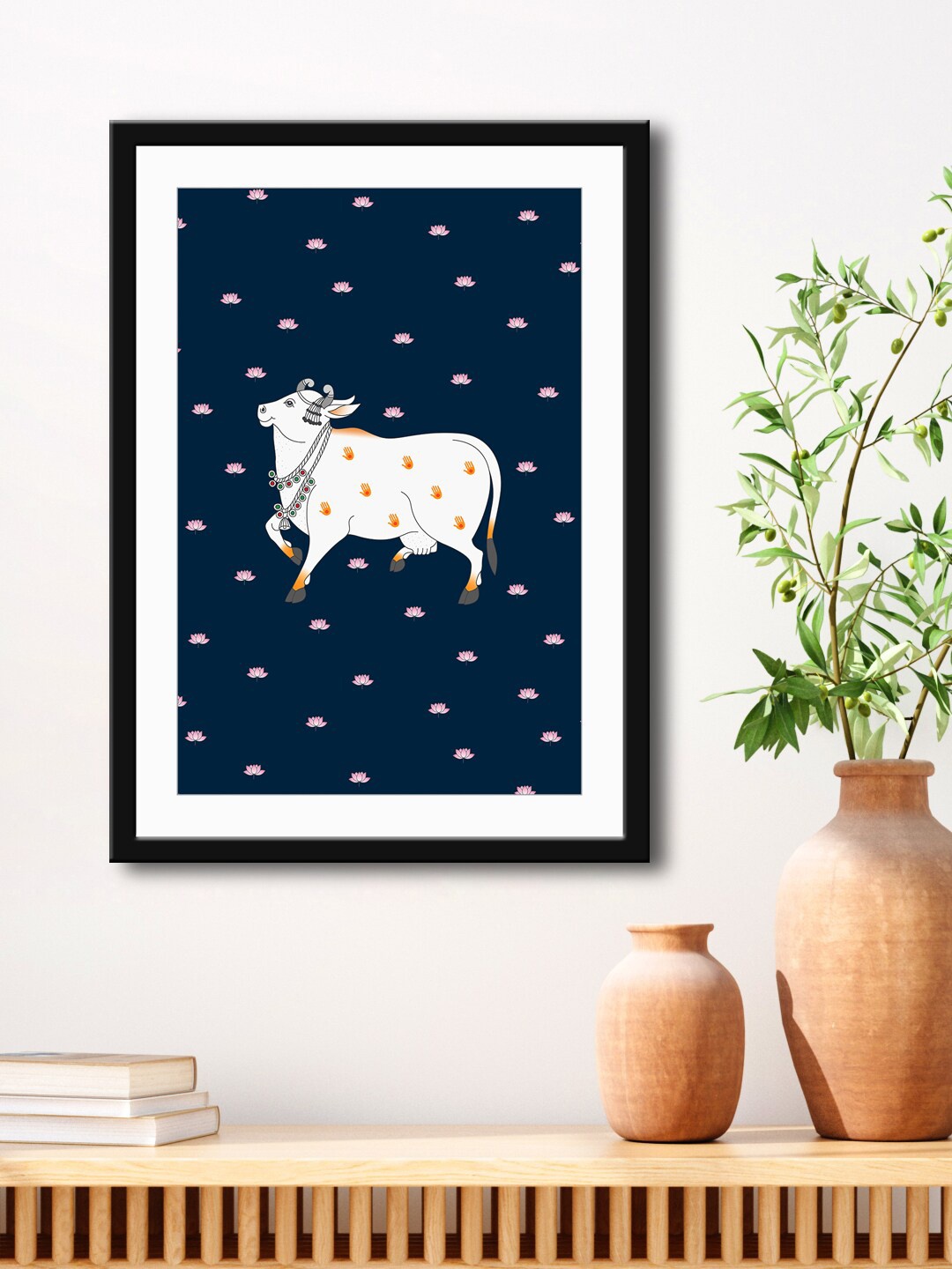 

999Store Blue & White Nandi Cow Painting Printed Framed Wall Art