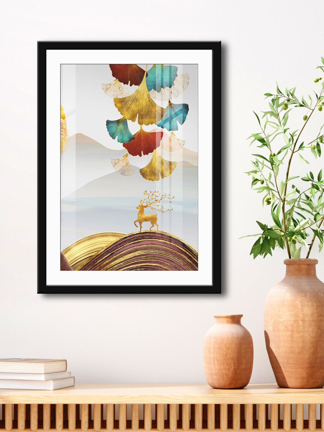 

999Store White & Yellow Deer With Flowers Painting Printed Framed Wall Art