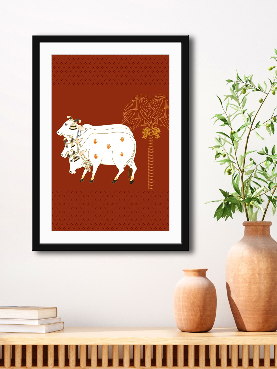 

999Store Brown & White Nandi Cow Stylish Modern Art Painting Printed Framed Wall Art