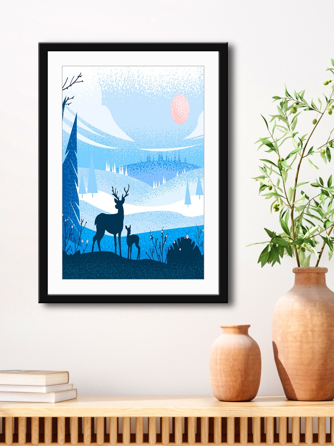 

999Store Blue & White Deers Mountain Painting Printed Framed Wall Art