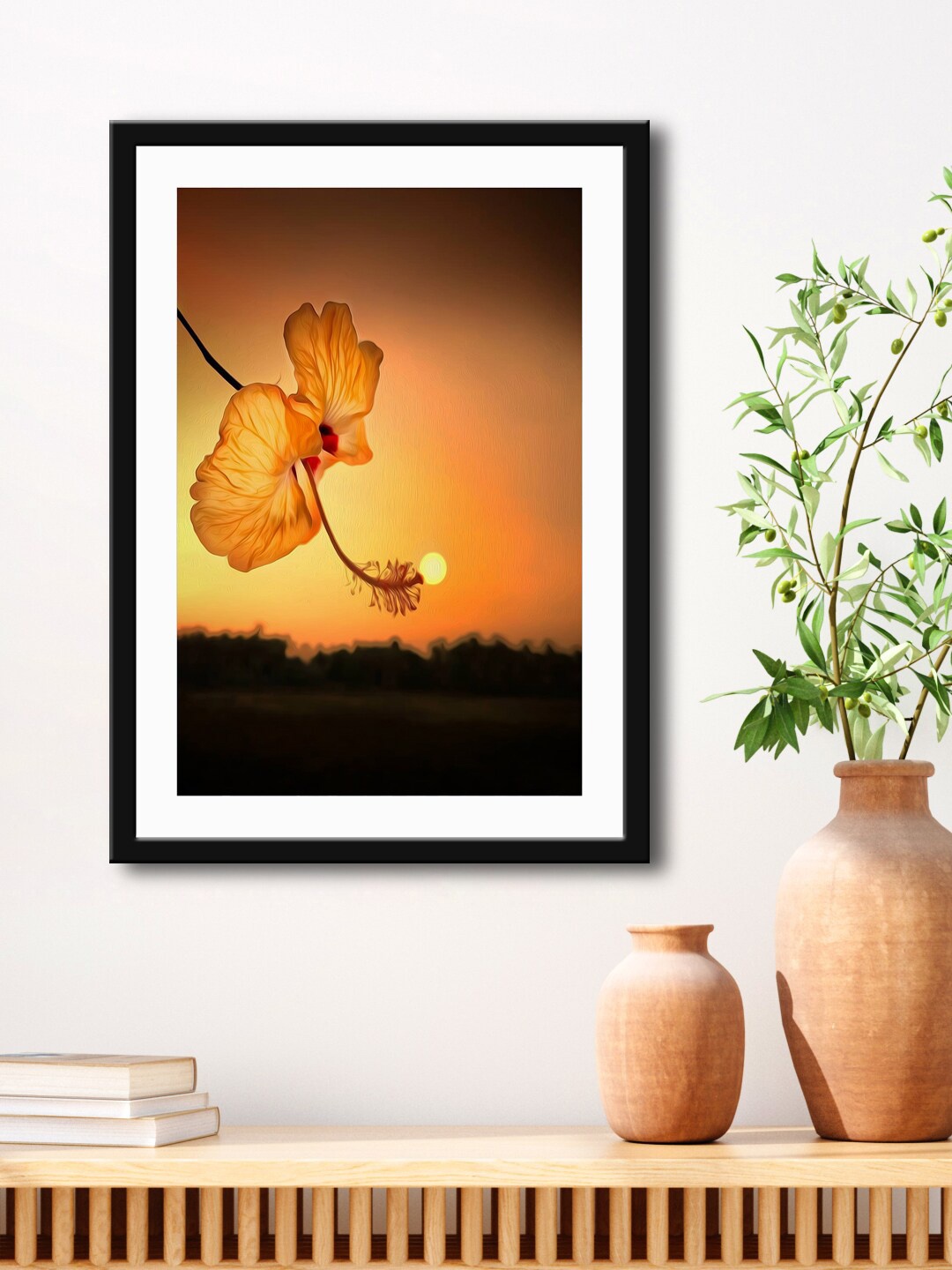 

999Store Brown & Orange Hibiscus Flower Painting Printed Framed Wall Art