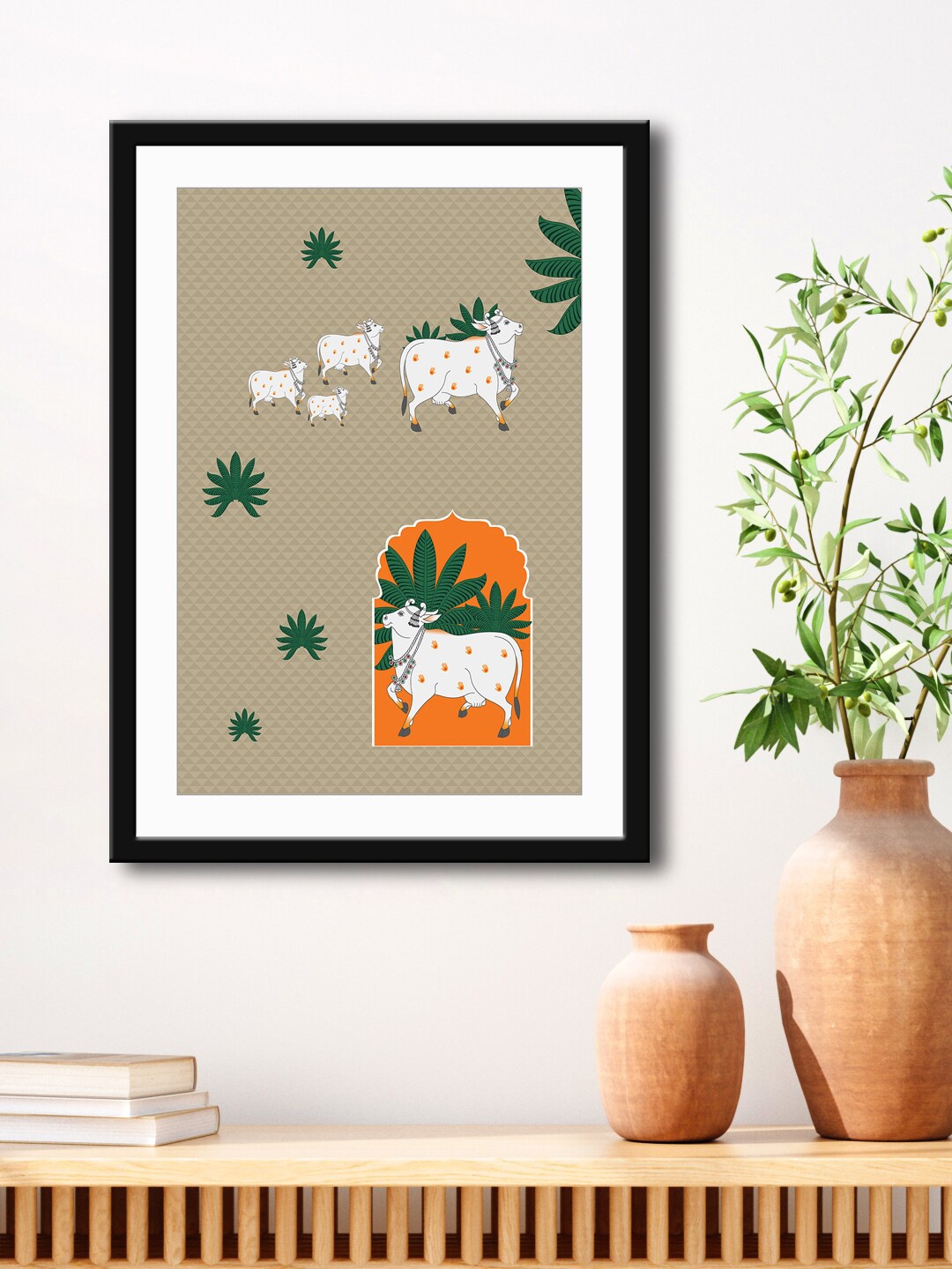 

999Store Grey & White Cow With Flower Framed Printed Paper Painting