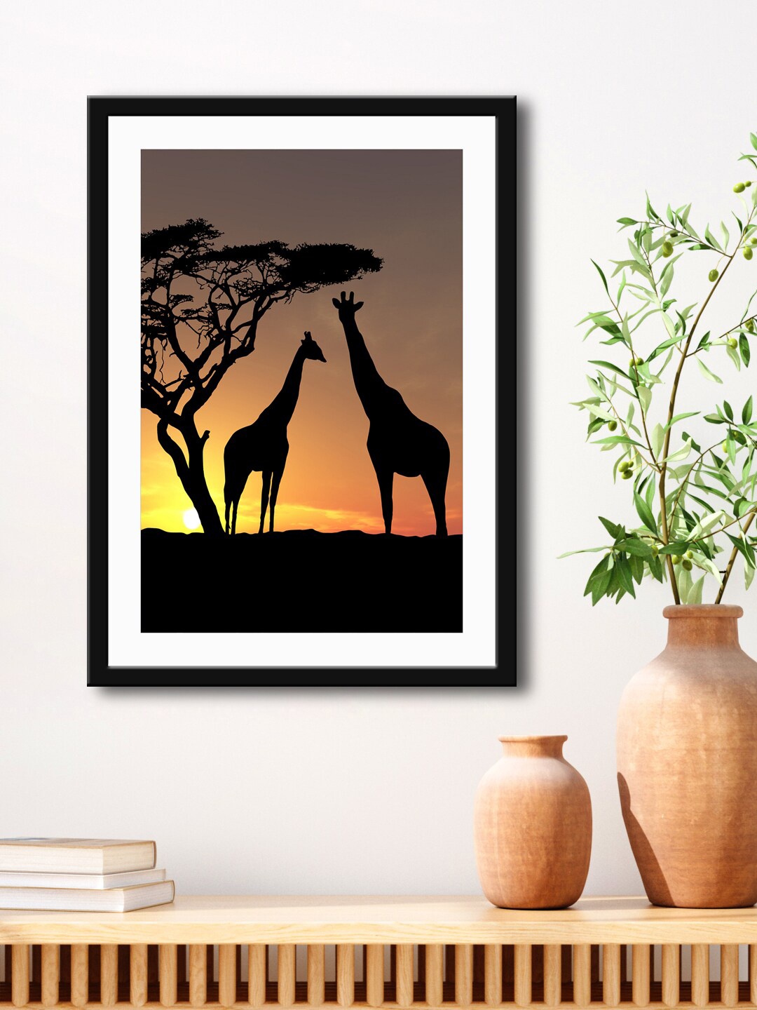 

999Store Brown & Black Giraffe And Tree Painting Printed Framed Wall Art