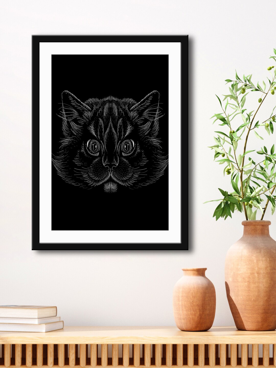

999Store Black & Grey Cat Face Framed Printed Paper Painting