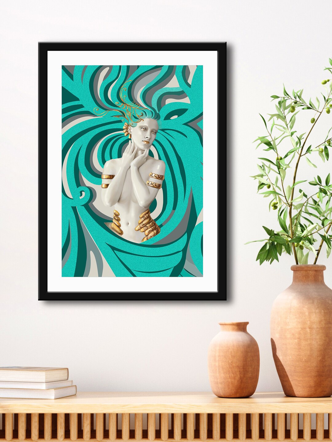 

999Store Green & White White Angel Painting Printed Framed Wall Art