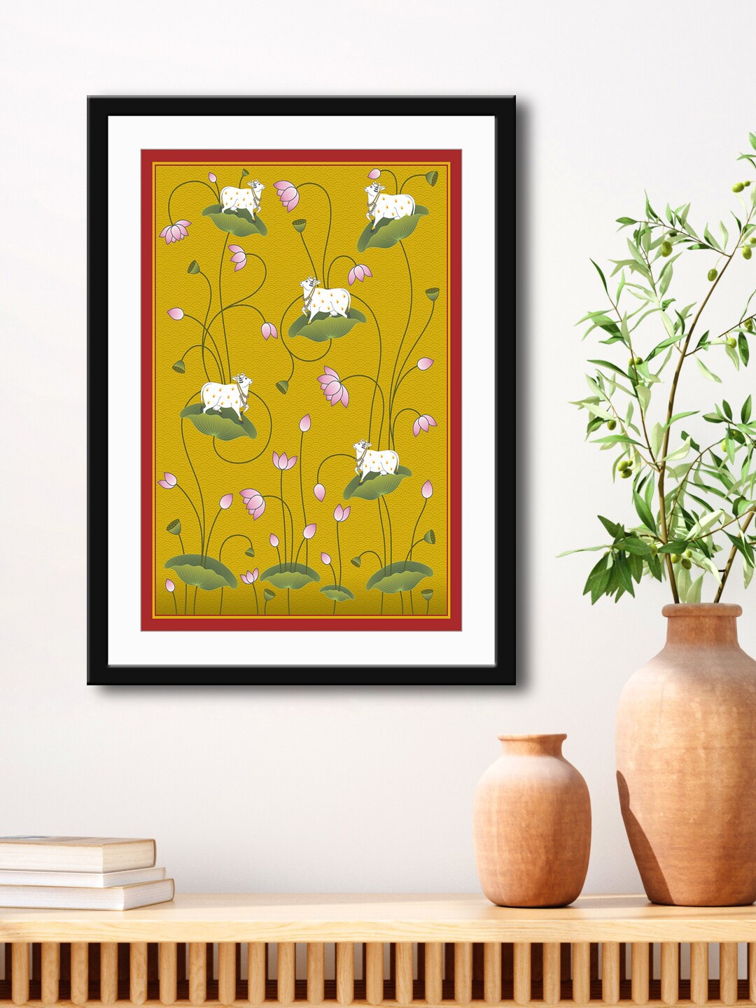 

999Store Yellow & Green Cow & Flower Painting Printed Framed Wall Art