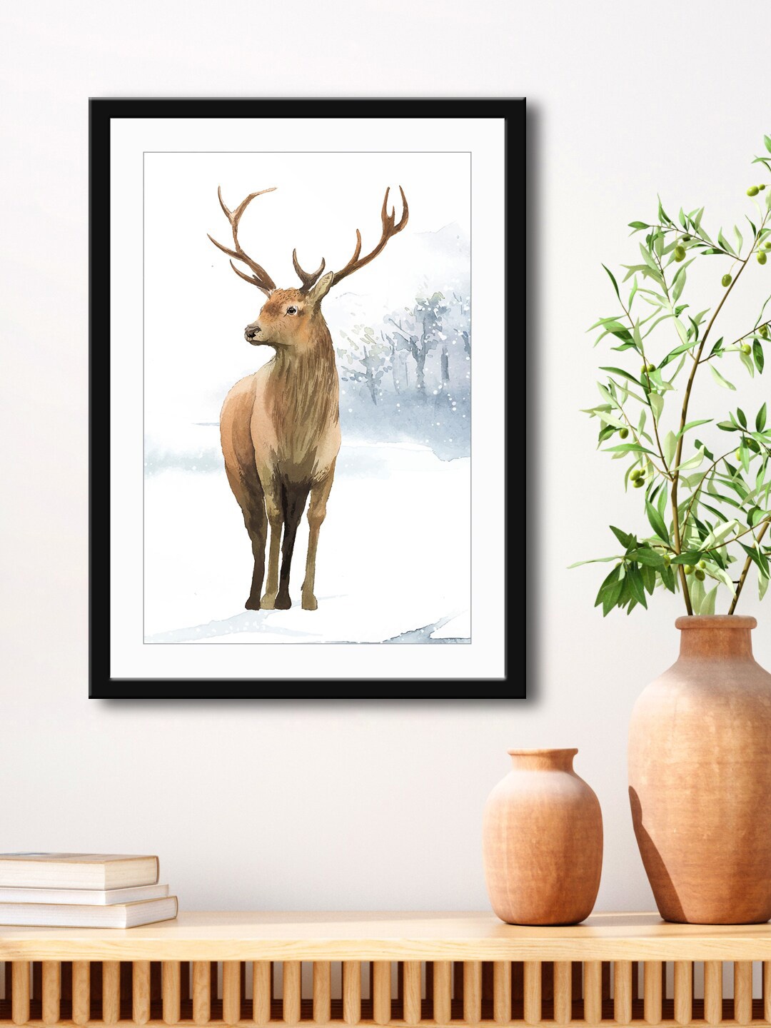 

999Store White & Brown Deer Framed Printed Paper Painting