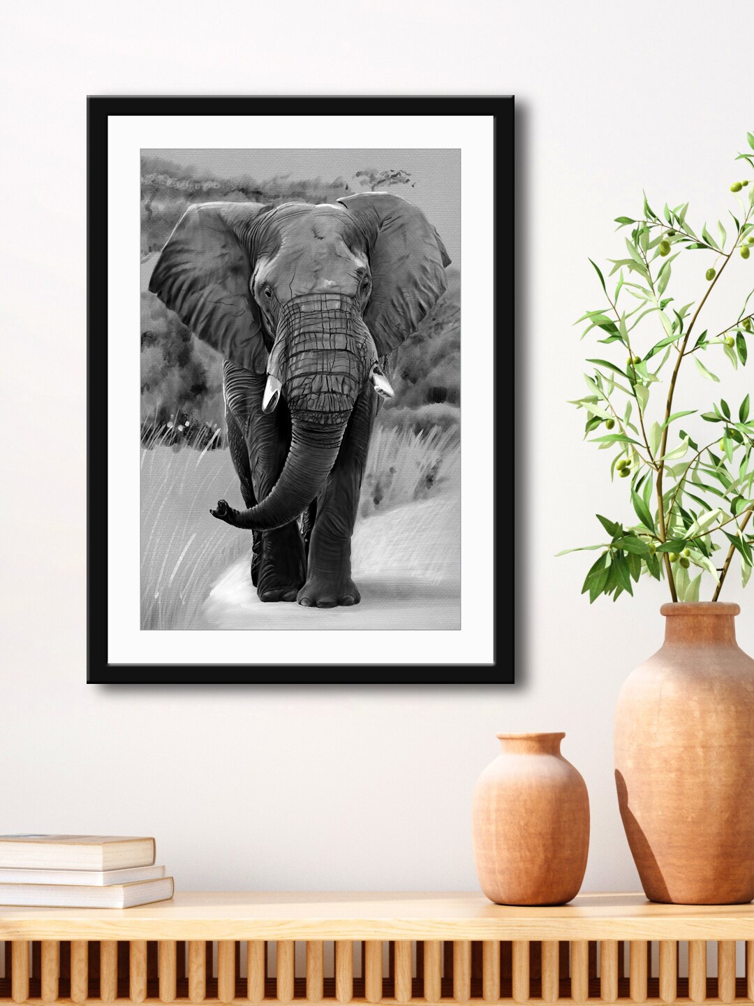 

999Store Grey & White Elephant Painting Printed Framed Wall Art