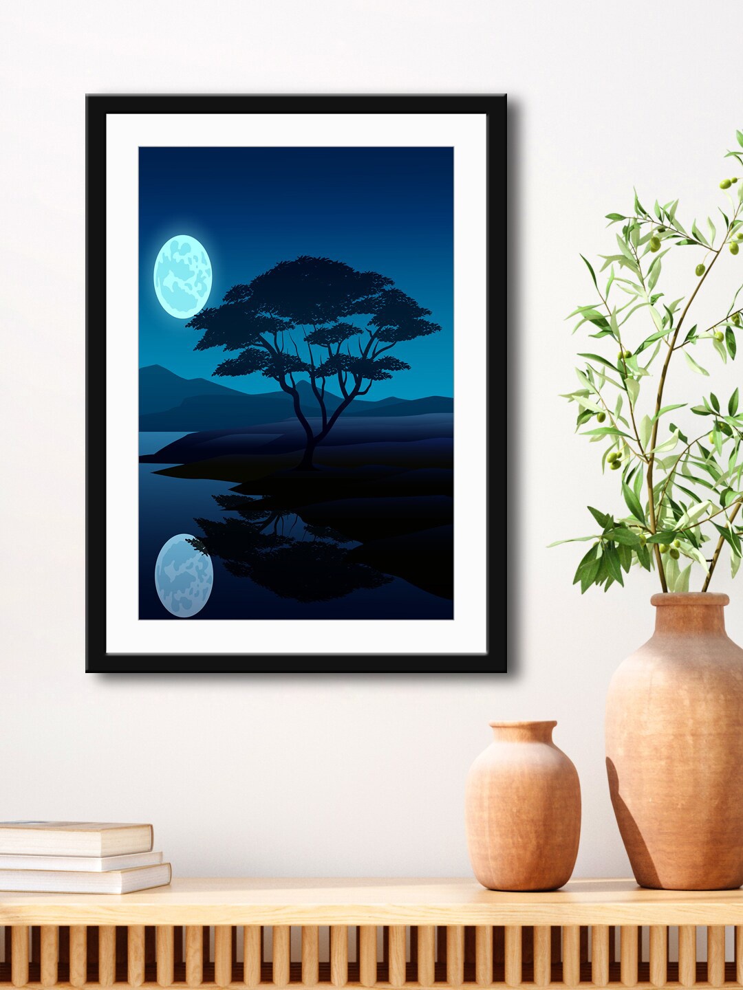 

999Store Blue & Black Moon Light With Tree HD Printed Framed Wall Art