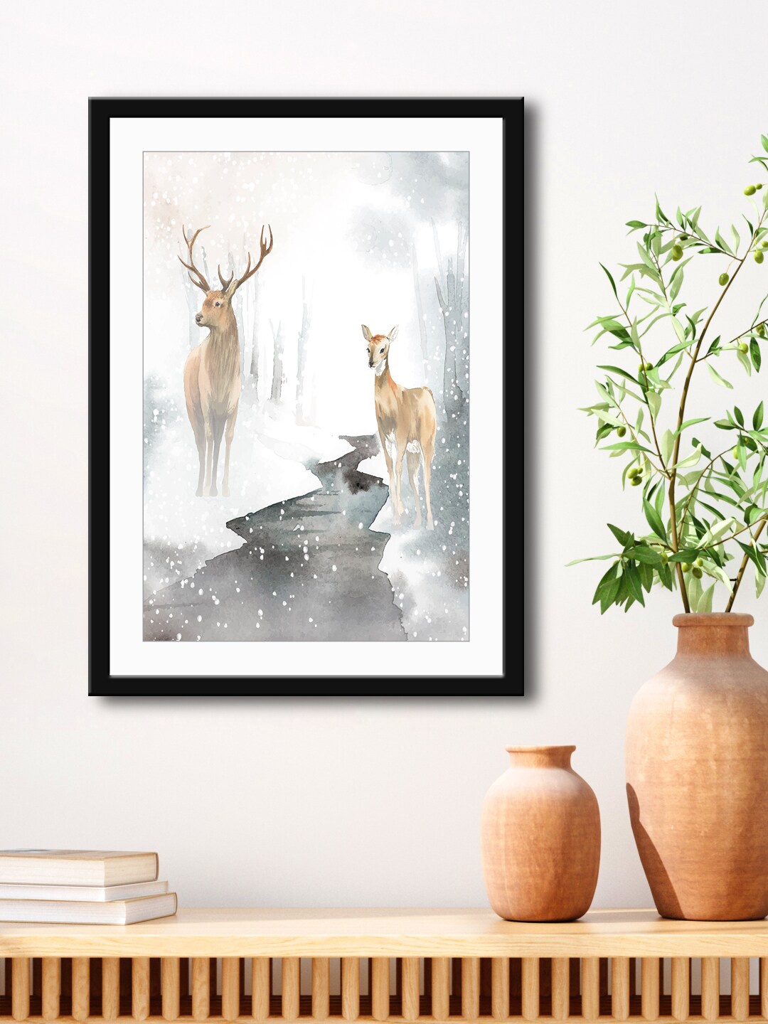 

999Store White & Grey Deers HD Printed Framed Wall Art