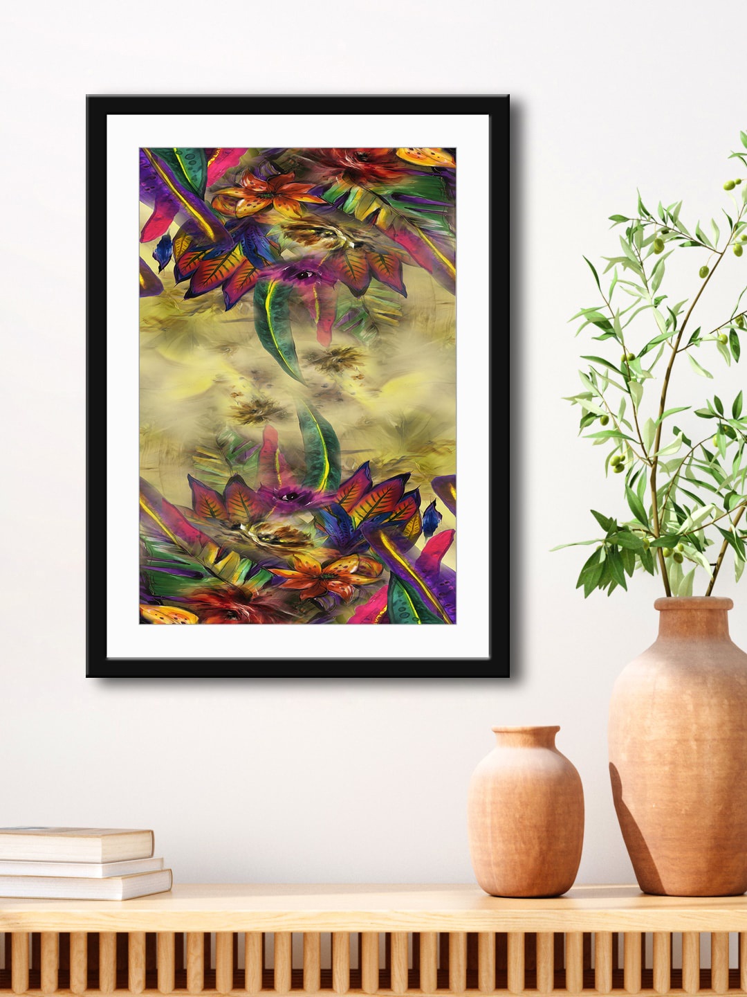 

999Store Brown & Green Abstract Leaves Framed Printed Paper Painting