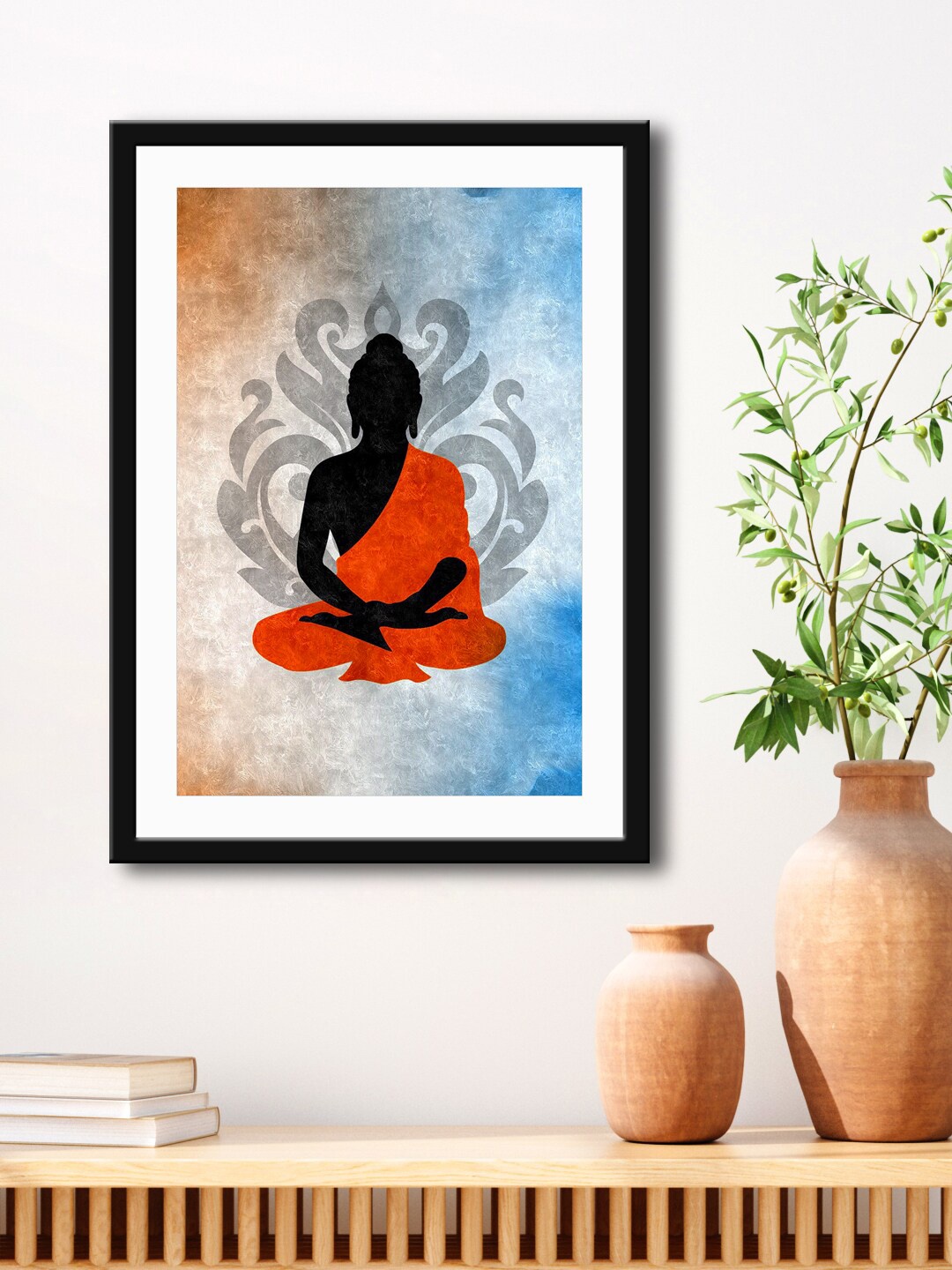 

999Store Orange & Blue Lord Buddha HD Printed Framed Wall Art