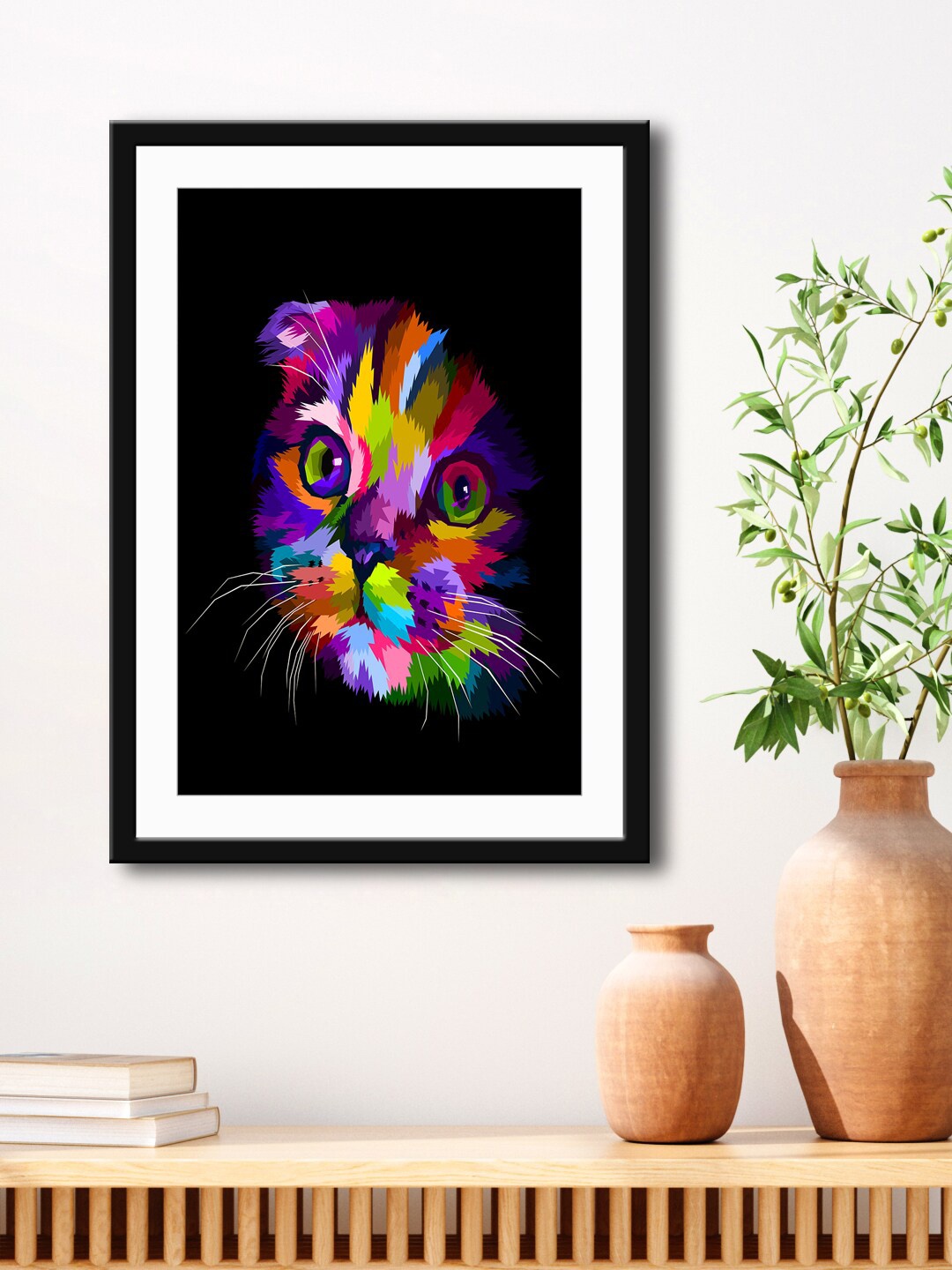 

999Store Multi-Coloured & Black Abstract Cat Face Painting Printed Framed Wall Art