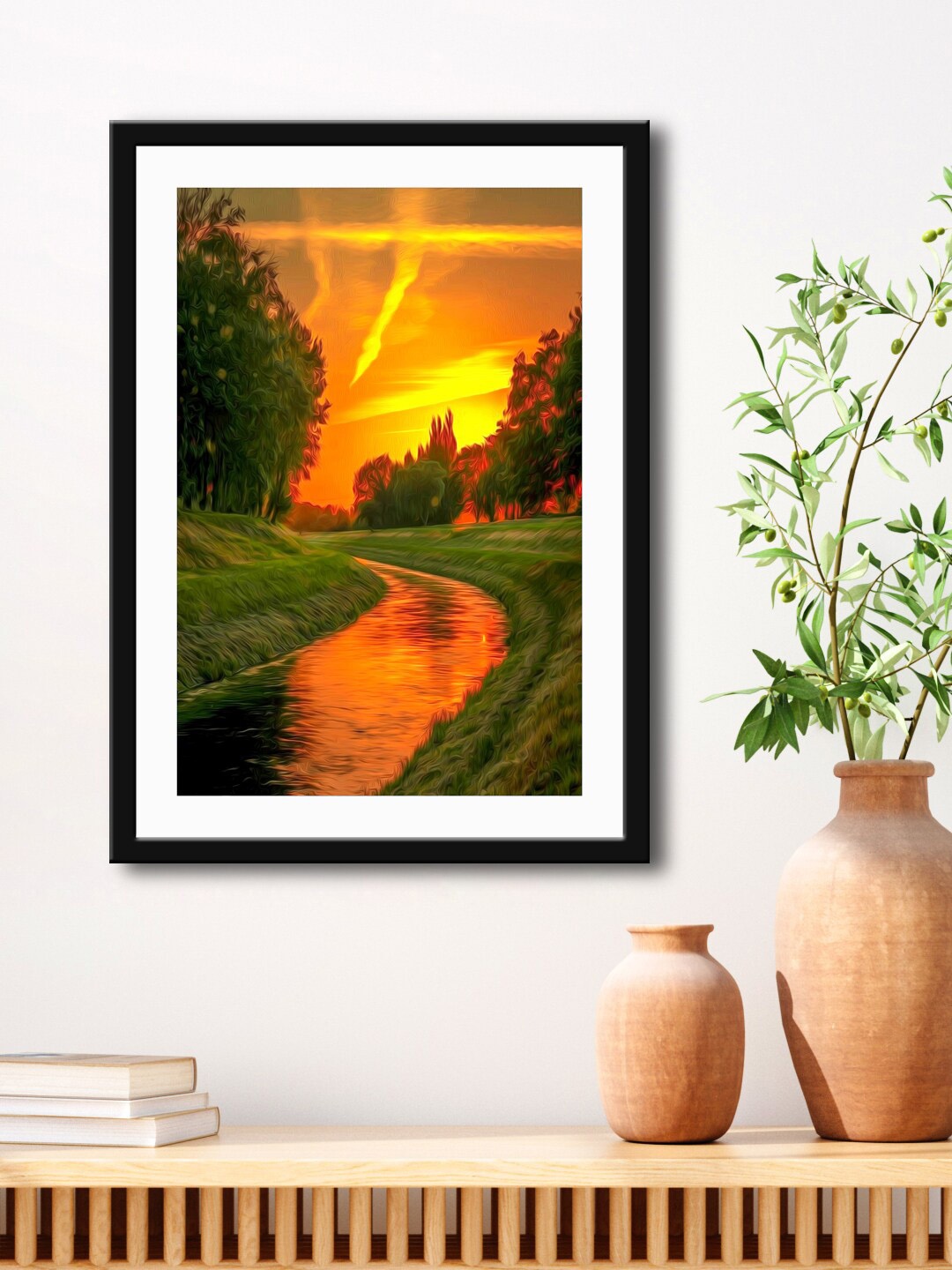 

999Store Green & Orange River View With Sunset Painting Printed Framed Wall Art