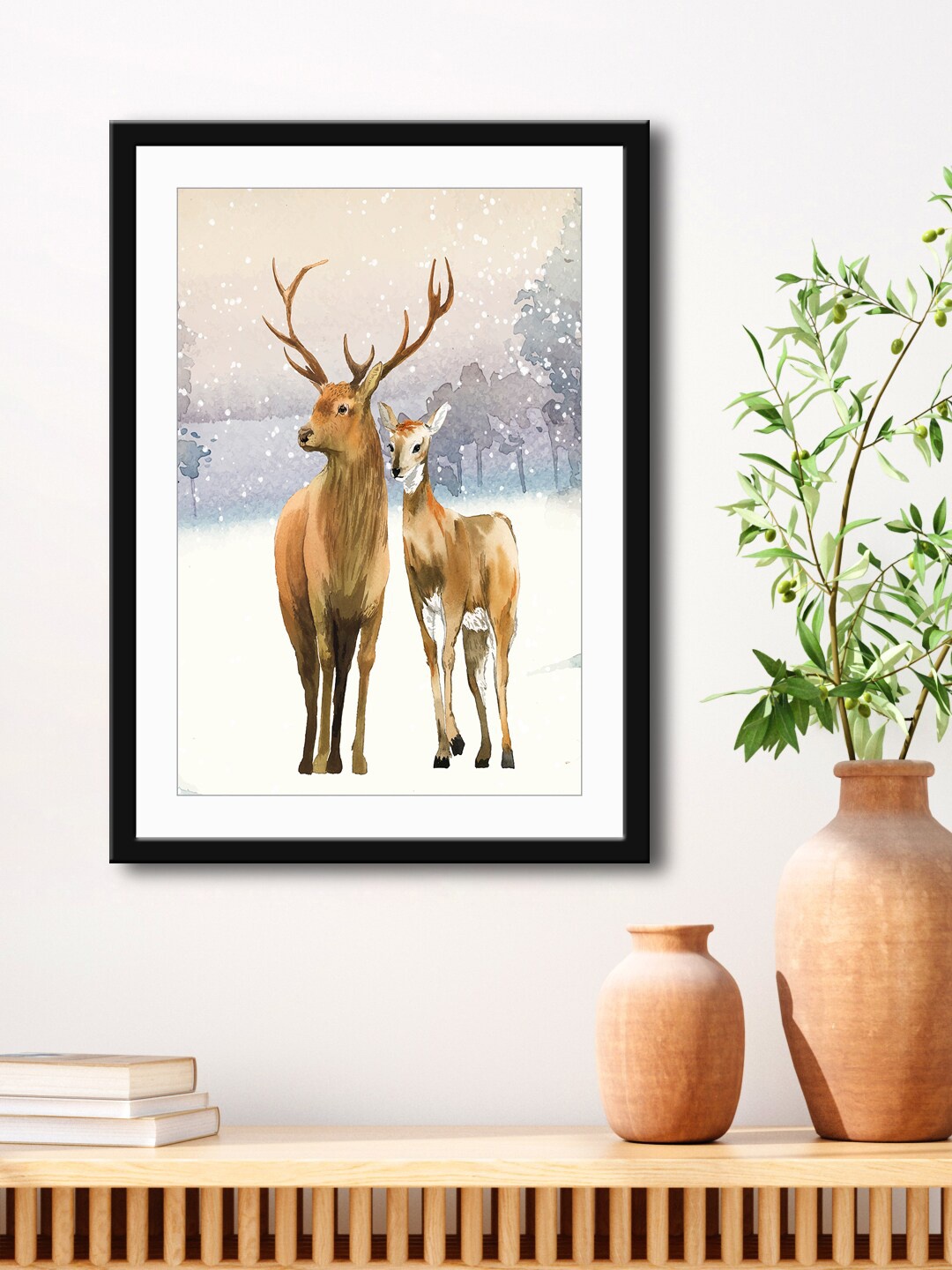 

999Store White & Brown Deers Framed Printed Paper Painting