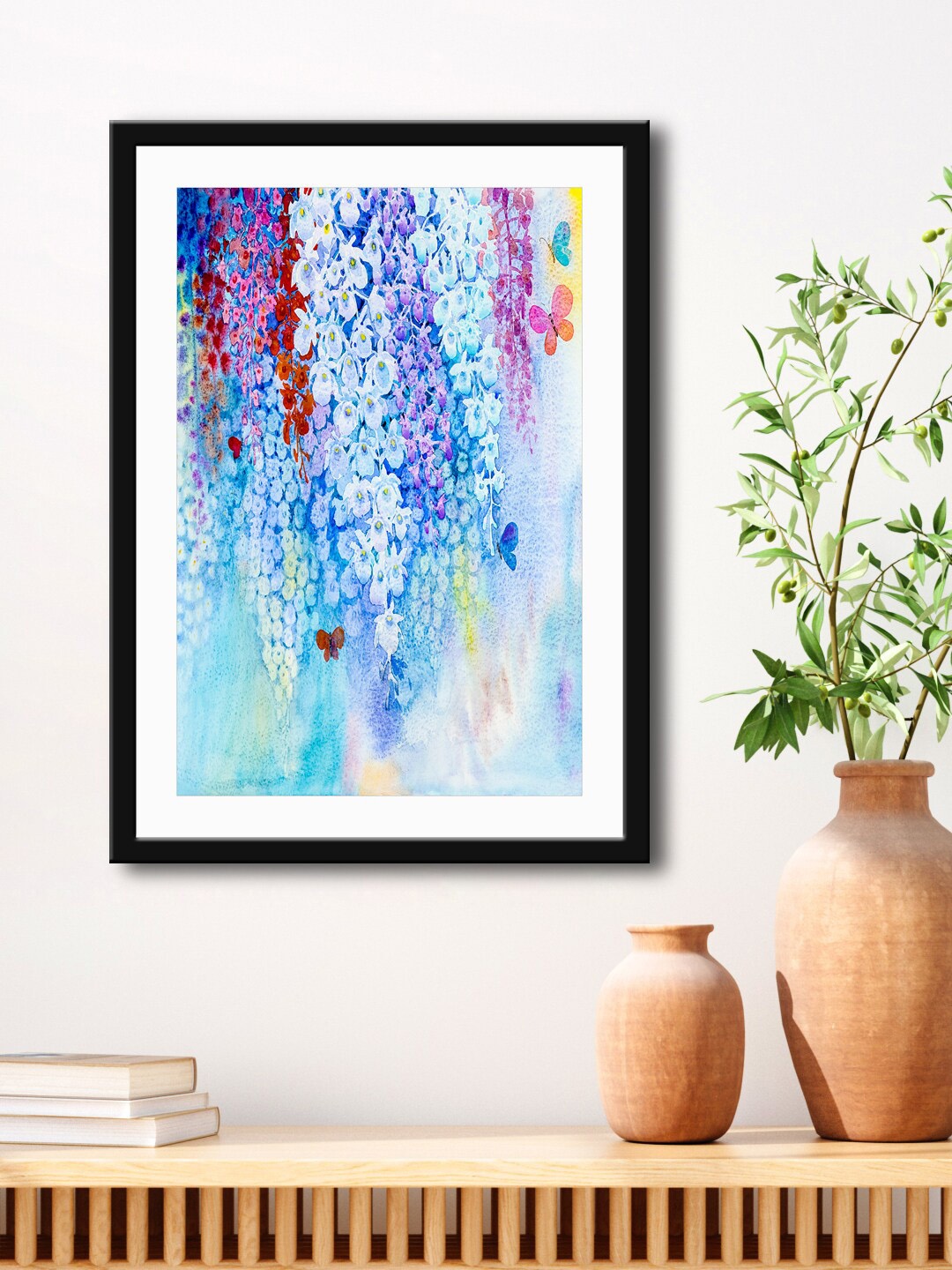 

999Store Blue & Purple Abstract Flowers Framed Printed Paper Painting