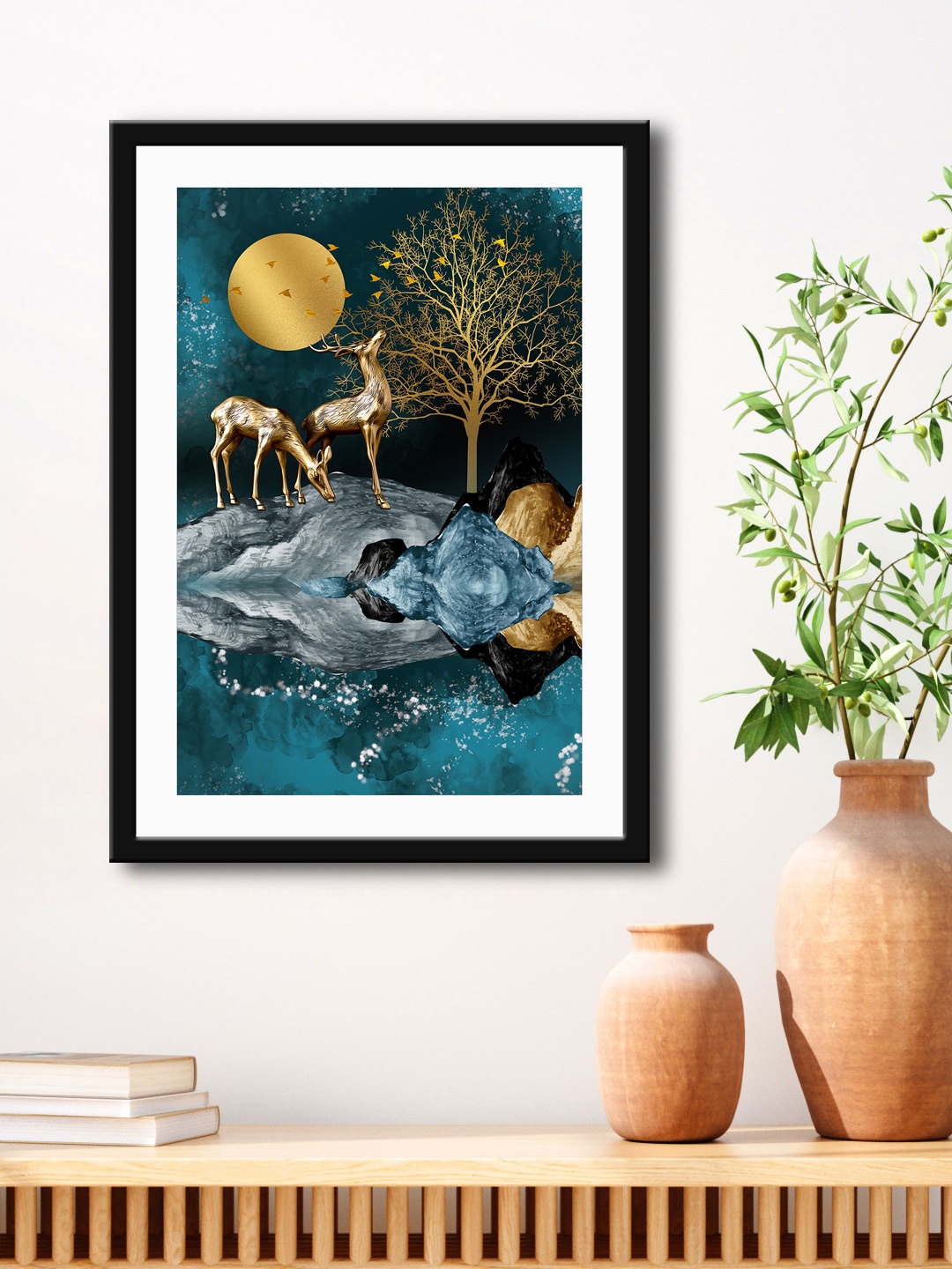 

999Store Blue & Gold-Toned Deer With Tree Printed Painting Wall Art