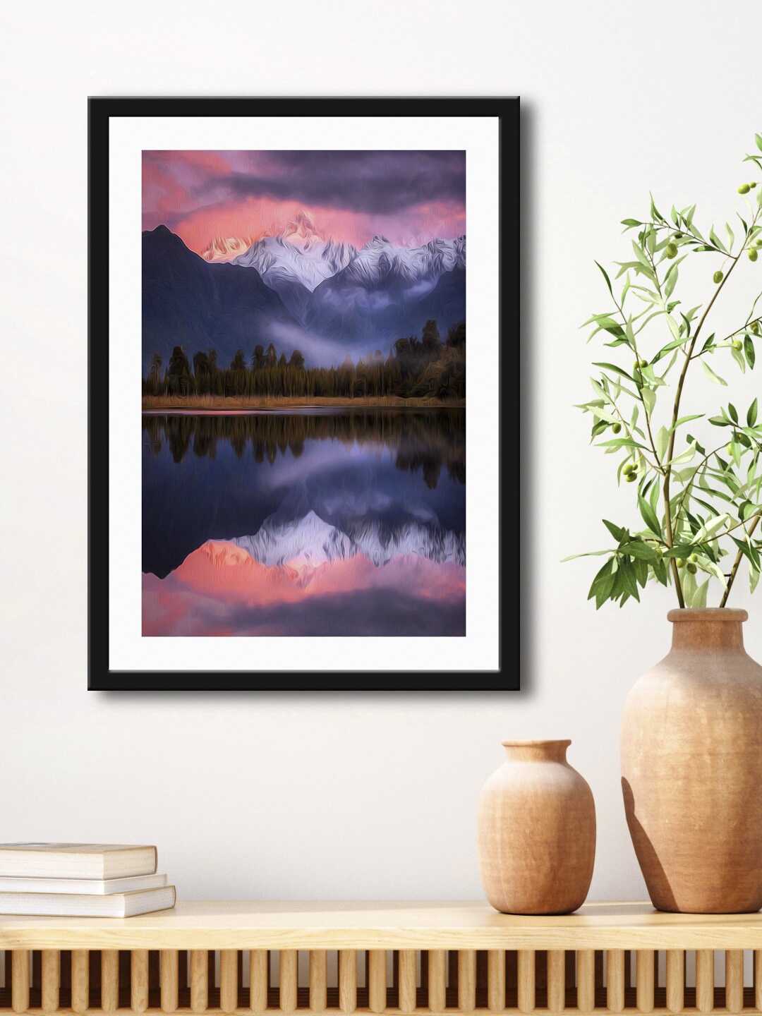 

999Store Blue & Peach Mountain Beach View Framed Printed Paper Painting